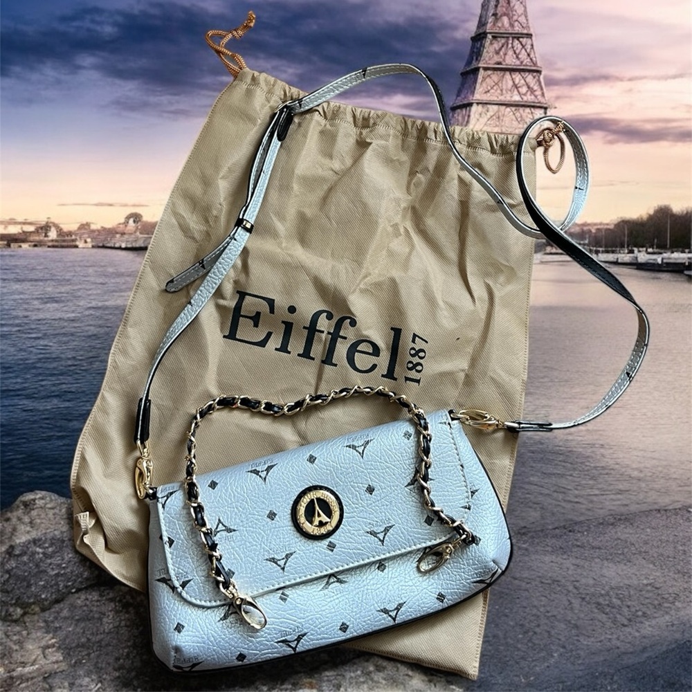 ◾️EIFFEL 1887: Women’s silver w/Eiffel Tower design, leather crossbody purse◾️